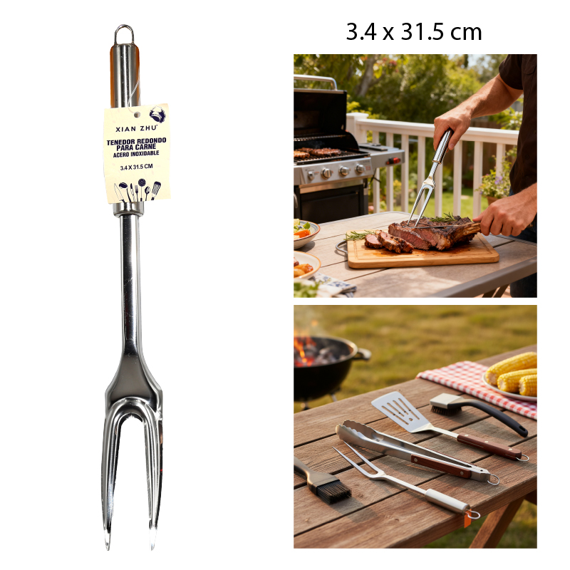 TENEDOR REDONDO PARA CARNE ACERO INOXIDABLE - 31.5 X 3.4 CM