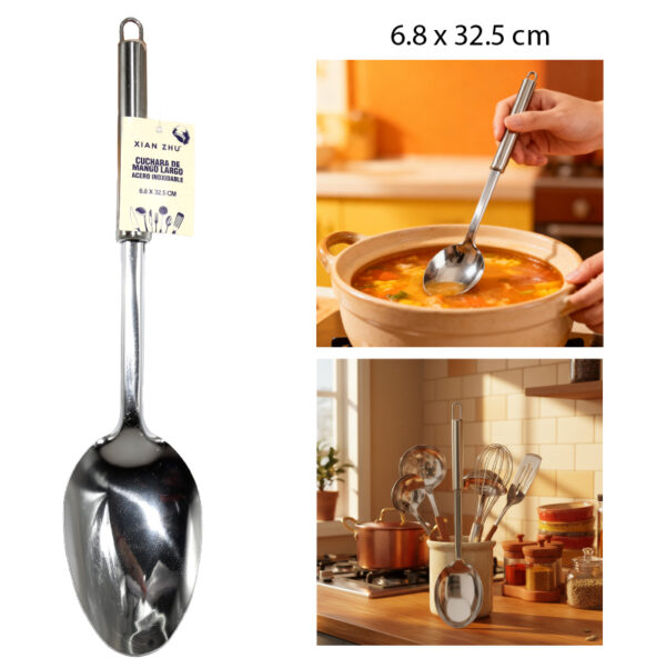 CUCHARA DE MANGO LARGO ACERO INOXIDABLE - 32.5 X 6.8 CM