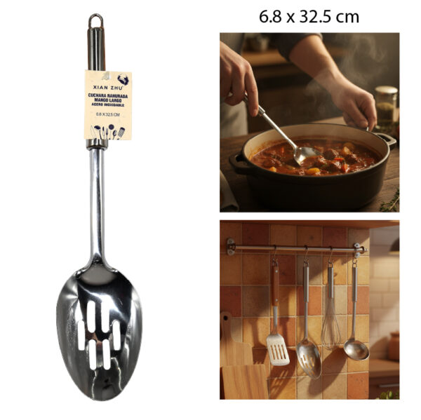 CUCHARA RANURADA MANGO LARGO ACERO INOXIDABLE - 32.5 X 6.8 CM