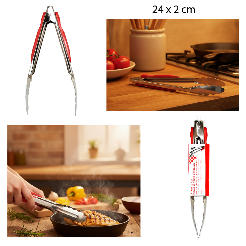 PINZA PARA ALIMENTOS MANGO ROJO ACERO INOXIDABLE - 24 x 2 CM