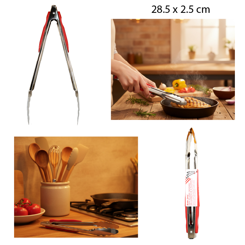 PINZA PARA ALIMENTOS MANGO ROJO ACERO INOXIDABLE - 28.5 x 2.5 CM