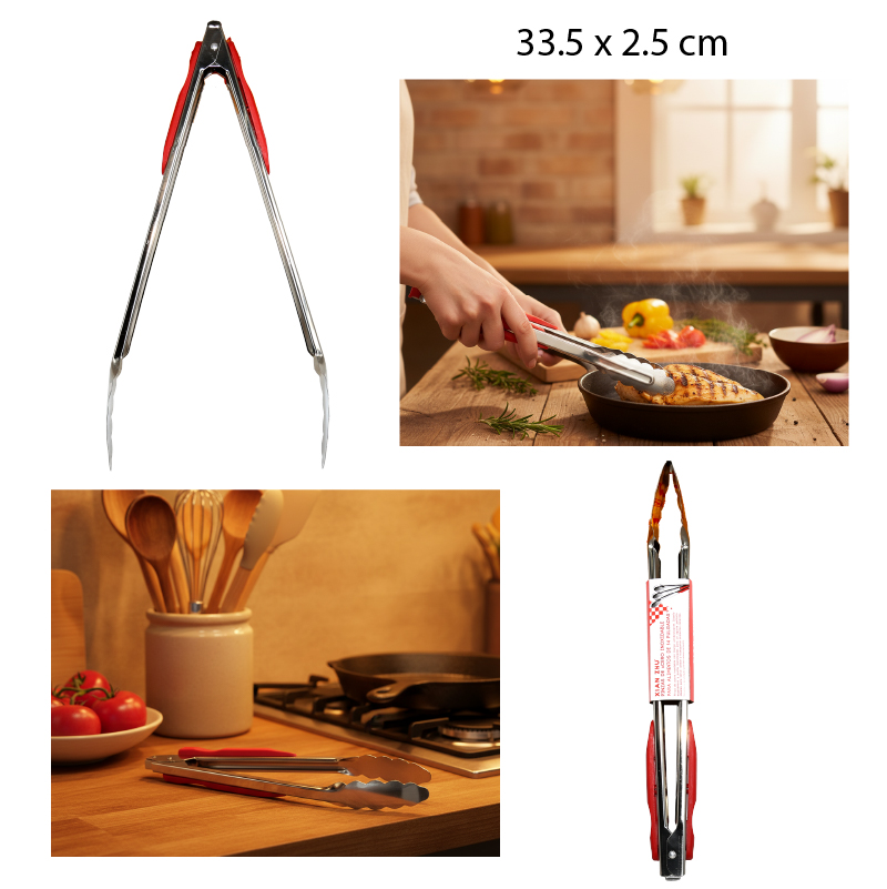 PINZA PARA ALIMENTOS MANGO ROJO ACERO INOXIDABLE - 33.5 x 2.5 CM