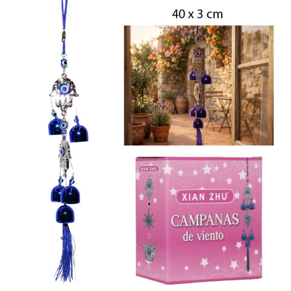 CAMPANA COLGANTE DE VIENTO DOBLE AZUL Y PLATEADO - 40 X 3 CM