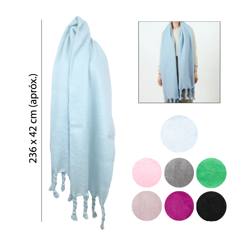 BUFANDA DE INVIERNO UNICOLOR CON FLECOS TRENZADOS