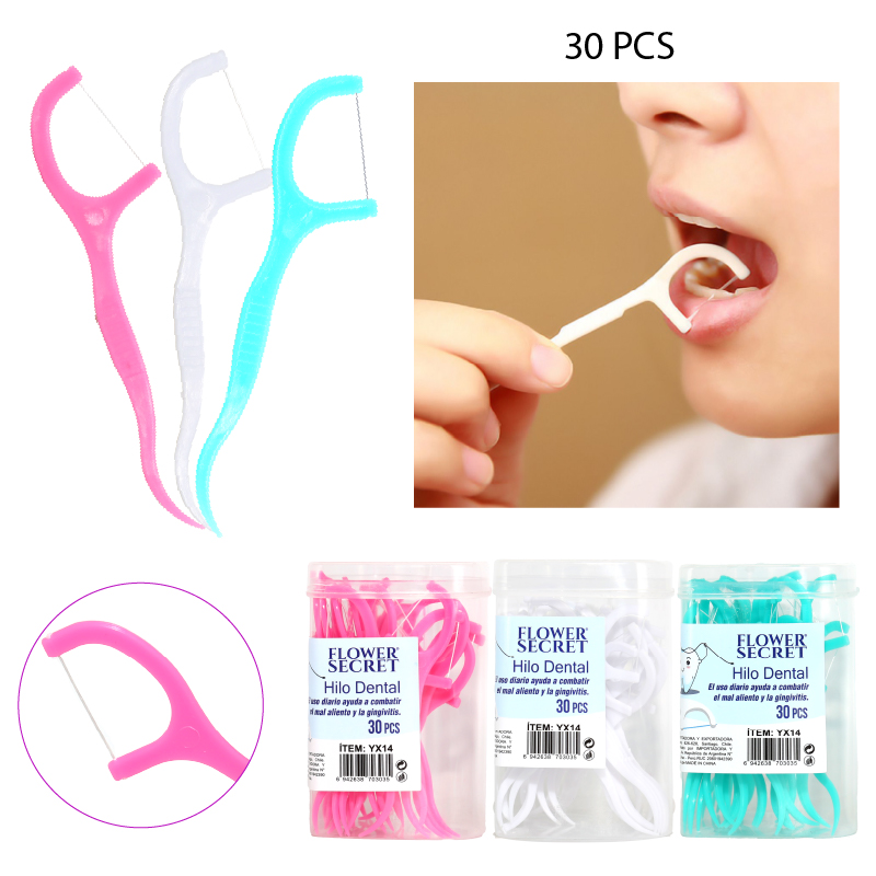 SET DE 30 GANCHOS DE HILO DENTAL CAJA REDONDA